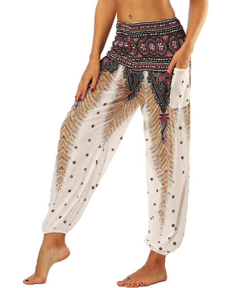 Evelyn Women's Harem Pants – High Elastic Waist, Boho Print, and Pockets