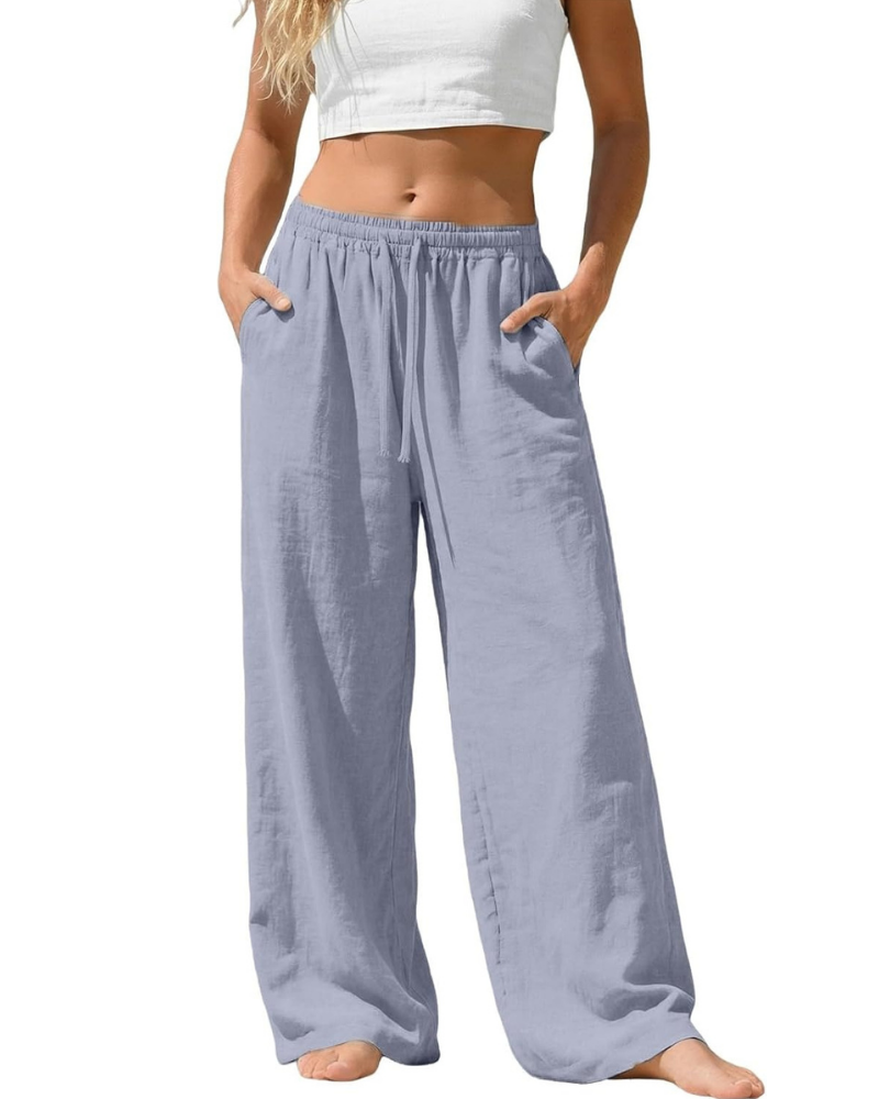 Amelia Palazzo Pants for Women – Cotton and Linen, High Elastic Waist with Pockets