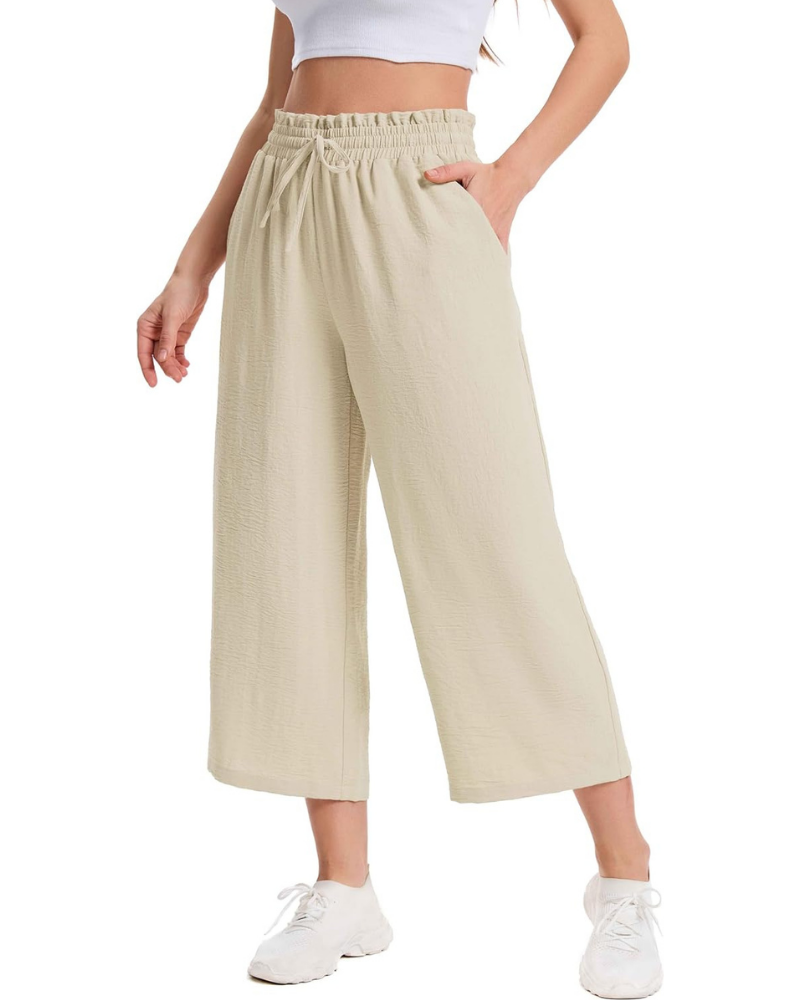 Phoebe Women's Capri Pants – High Waist with Drawstring, Wide Leg, and Pockets