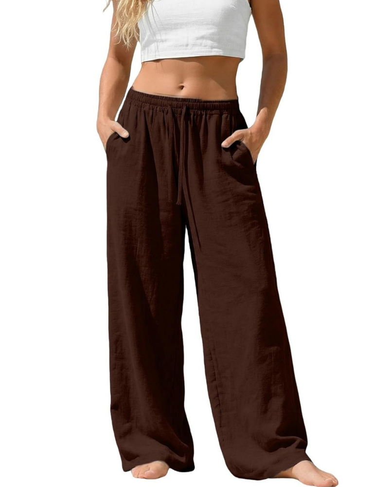 Amelia Palazzo Pants for Women – Cotton and Linen, High Elastic Waist with Pockets