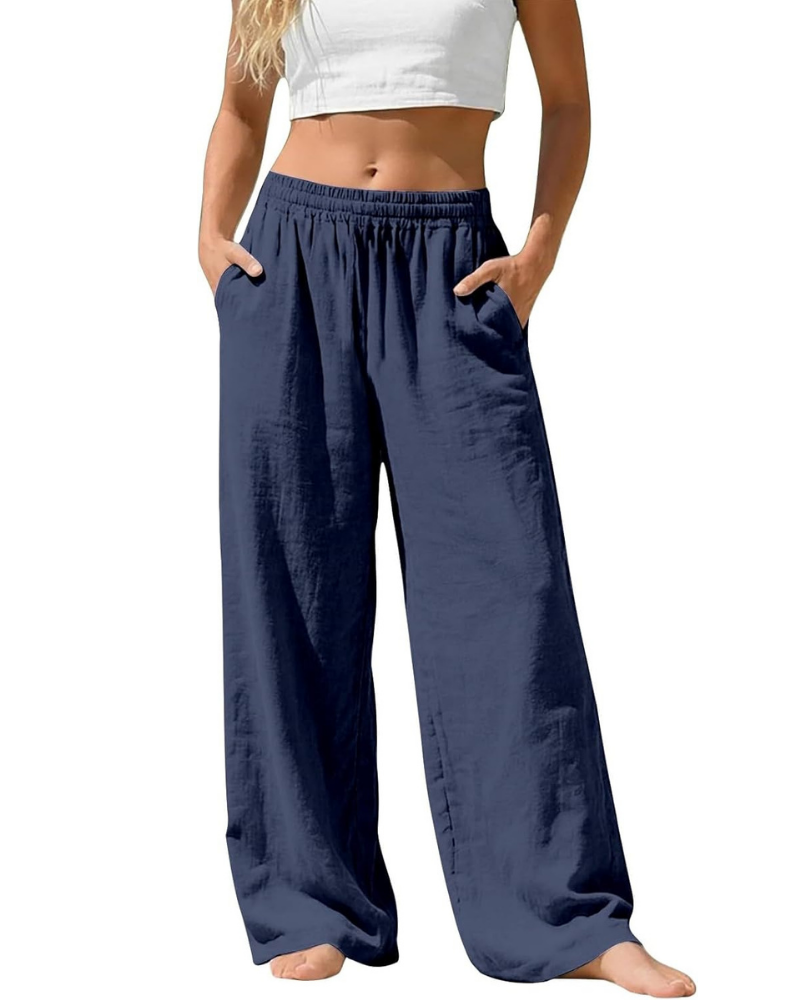 Amelia Palazzo Pants for Women – Cotton and Linen, High Elastic Waist with Pockets