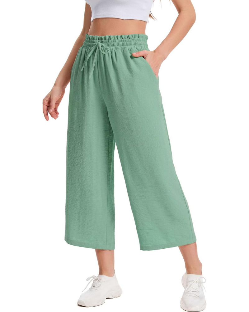Phoebe Women's Capri Pants – High Waist with Drawstring, Wide Leg, and Pockets