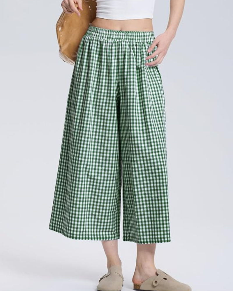 Lauren Women's Capri Pants – Elastic Waist, Wide Leg, and Striped or Checked Pattern