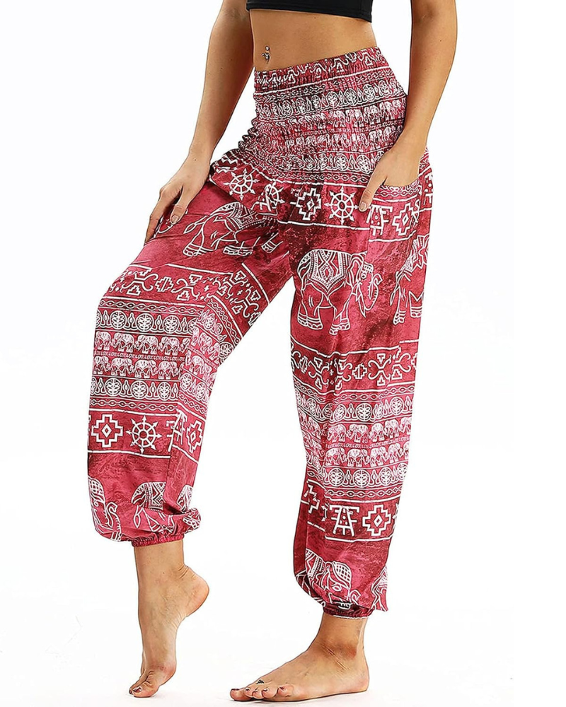 Evelyn Women's Harem Pants – High Elastic Waist, Boho Print, and Pockets