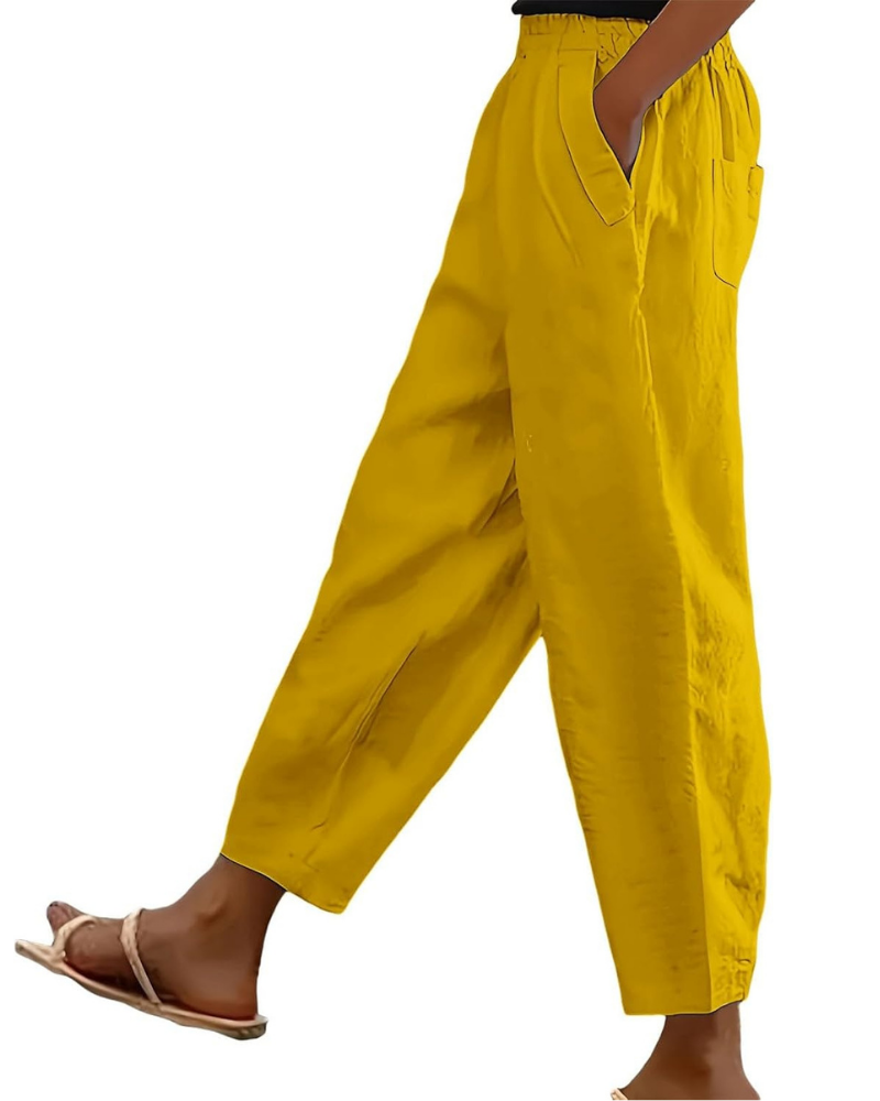 Sophia Women's Pants in Linen Cotton – Elastic Waist, Straight Leg, and Casual Pockets
