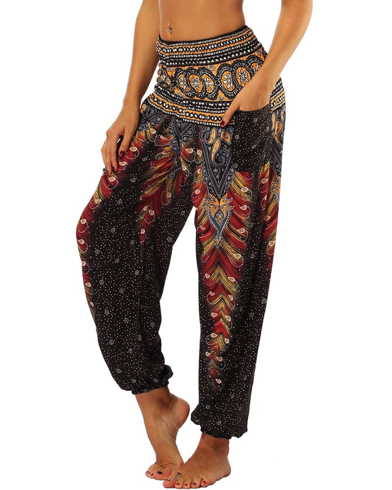 Evelyn Women's Harem Pants – High Elastic Waist, Boho Print, and Pockets