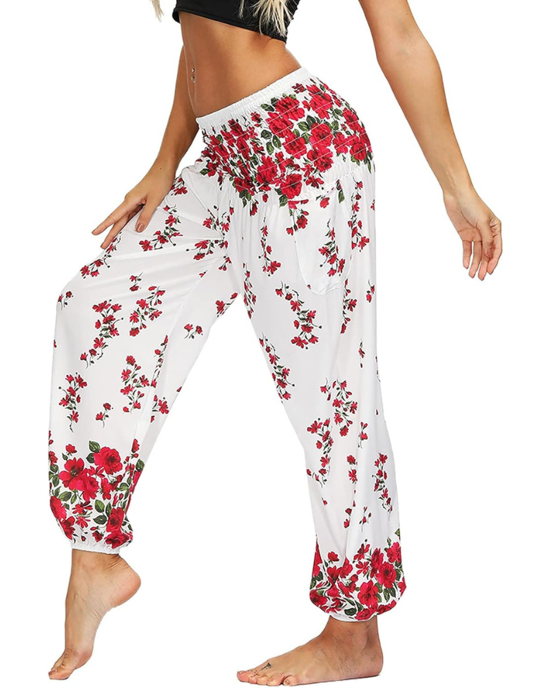 Evelyn Women's Harem Pants – High Elastic Waist, Boho Print, and Pockets