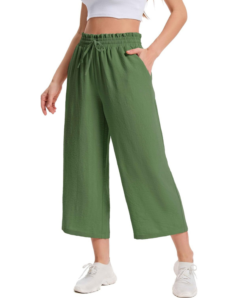Phoebe Women's Capri Pants – High Waist with Drawstring, Wide Leg, and Pockets