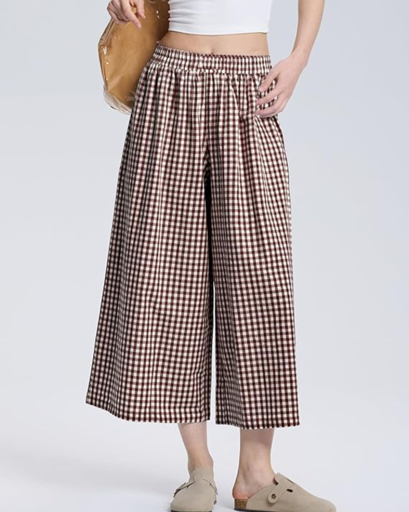 Lauren Women's Capri Pants – Elastic Waist, Wide Leg, and Striped or Checked Pattern