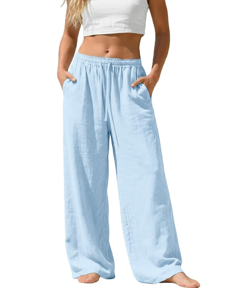 Amelia Palazzo Pants for Women – Cotton and Linen, High Elastic Waist with Pockets