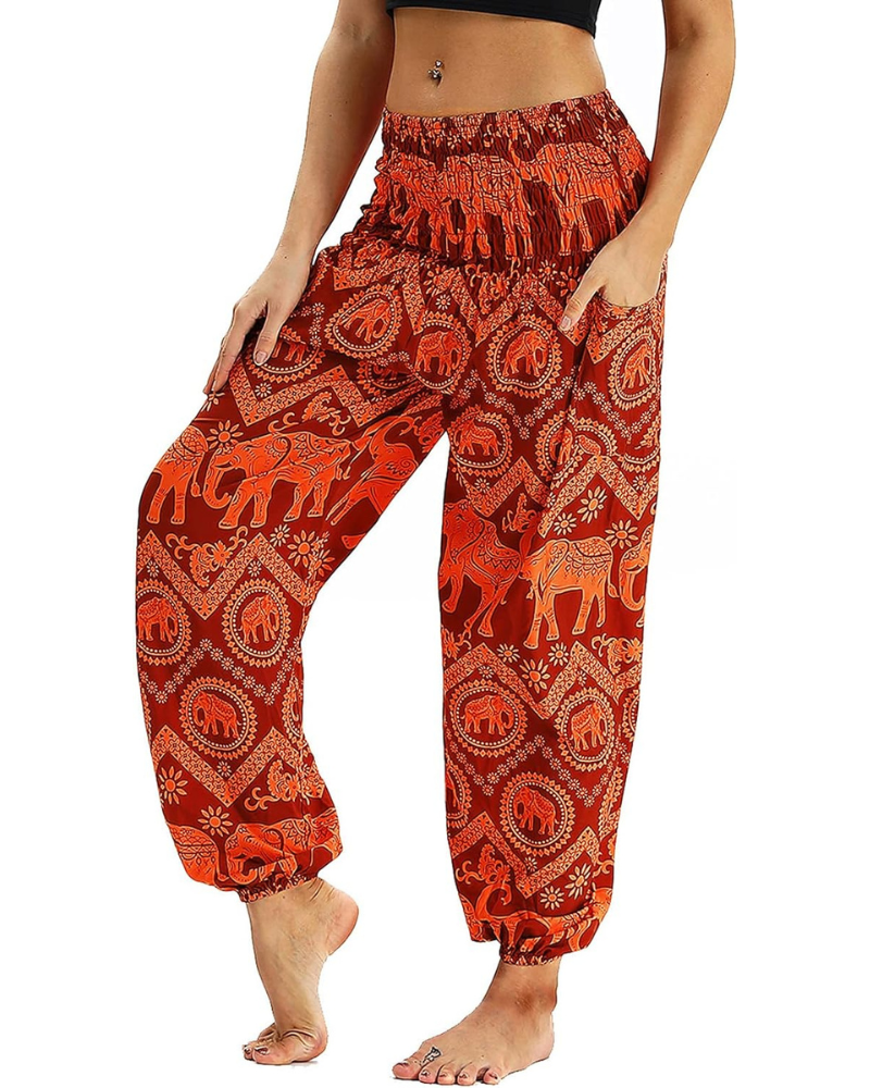 Evelyn Women's Harem Pants – High Elastic Waist, Boho Print, and Pockets