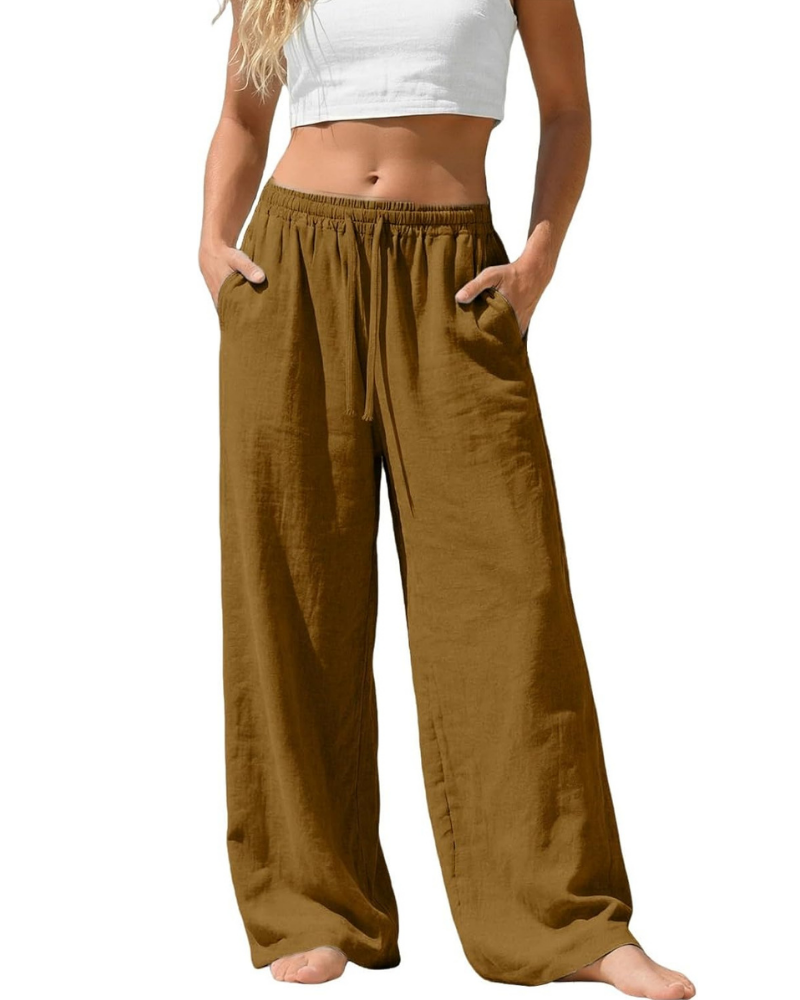 Amelia Palazzo Pants for Women – Cotton and Linen, High Elastic Waist with Pockets