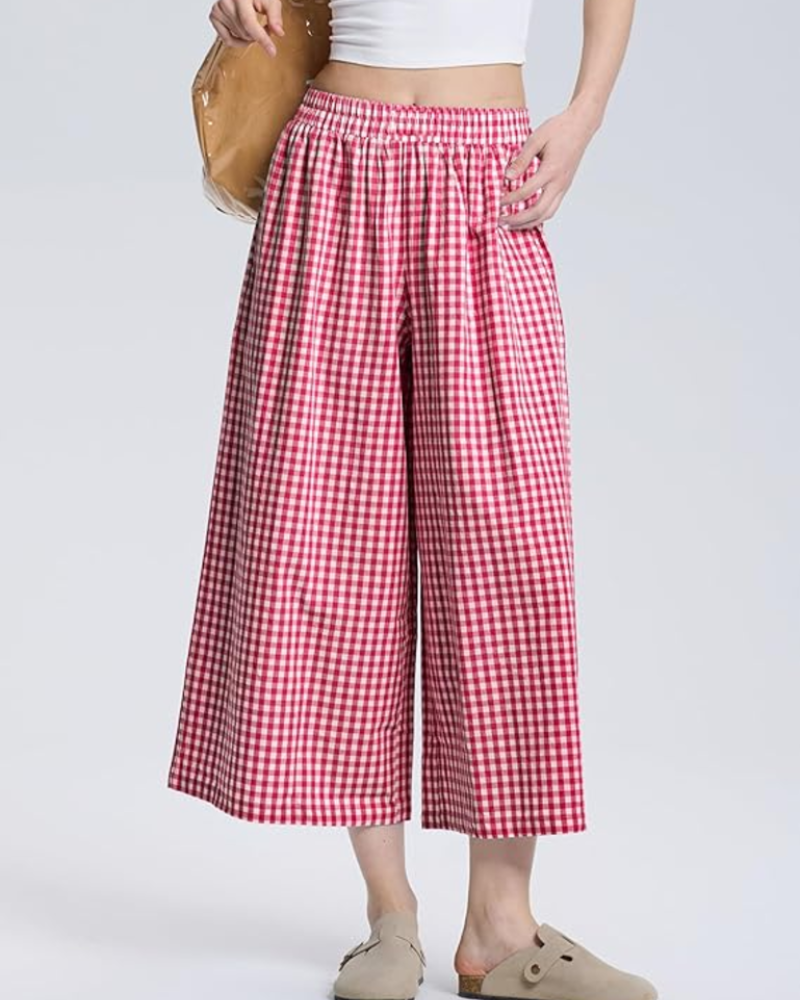 Lauren Women's Capri Pants – Elastic Waist, Wide Leg, and Striped or Checked Pattern