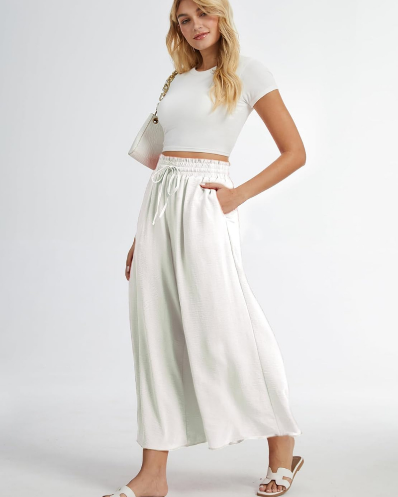 Pantalones Palazzo para mujer Tabitha – Cintura alta elástica, volantes y bolsillos
