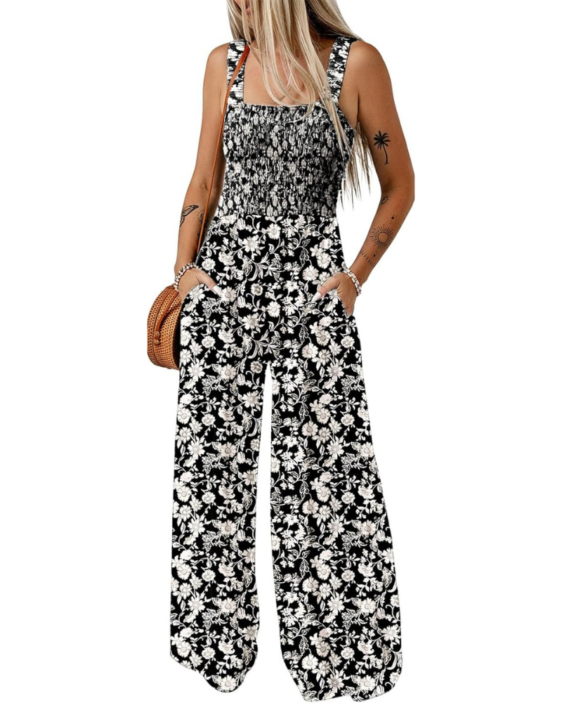 Robe d'été imprimée pour femme – Sans manches, jambes larges avec col carré et poches