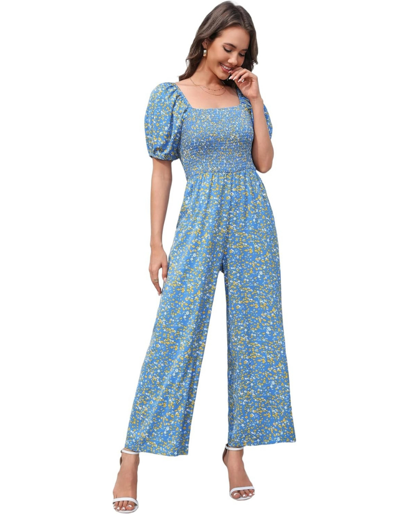 Cressida Tuta Femme Florale – Corsage Smock, Jambe Large et Encolure Carrée