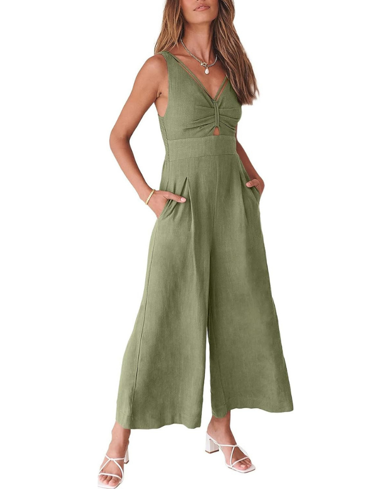 Verity Tuta Femme en Lin – Col en V, Découpes et Pantalon à Jambe Large