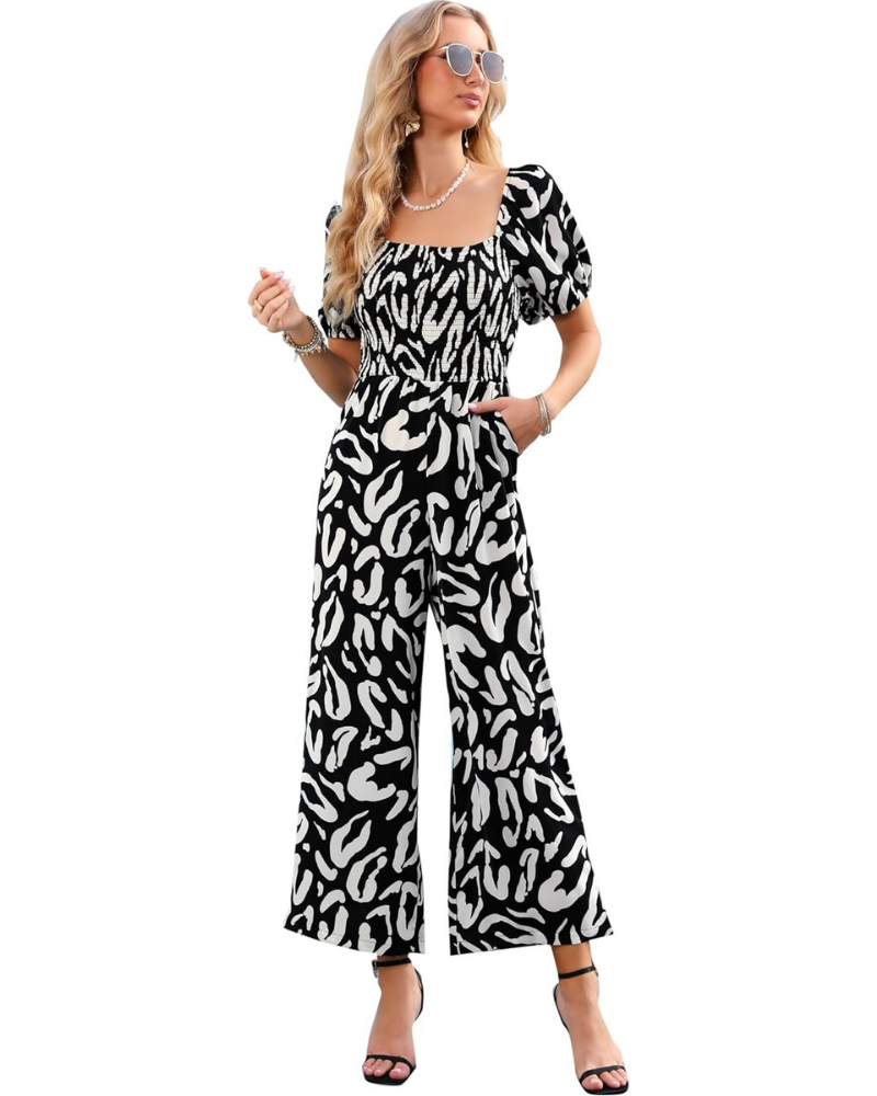Cressida Tuta Femme Florale – Corsage Smock, Jambe Large et Encolure Carrée