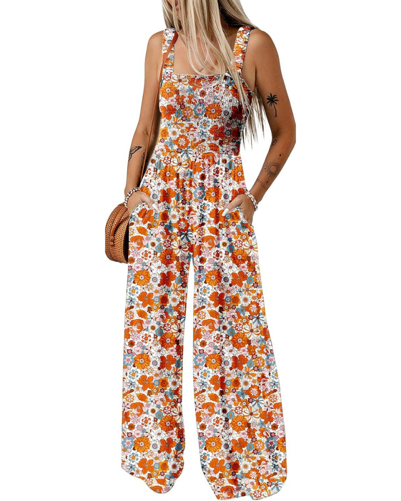 Robe d'été imprimée pour femme – Sans manches, jambes larges avec col carré et poches