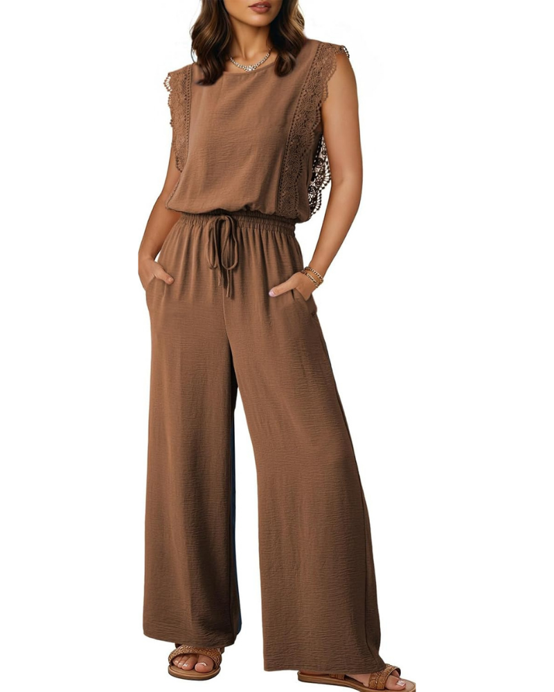 Combinaison Femme Élégante Maren – Dentelle, Taille à Cordon et Jambe Large avec Poches