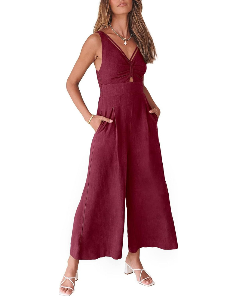 Verity Tuta Femme en Lin – Col en V, Découpes et Pantalon à Jambe Large