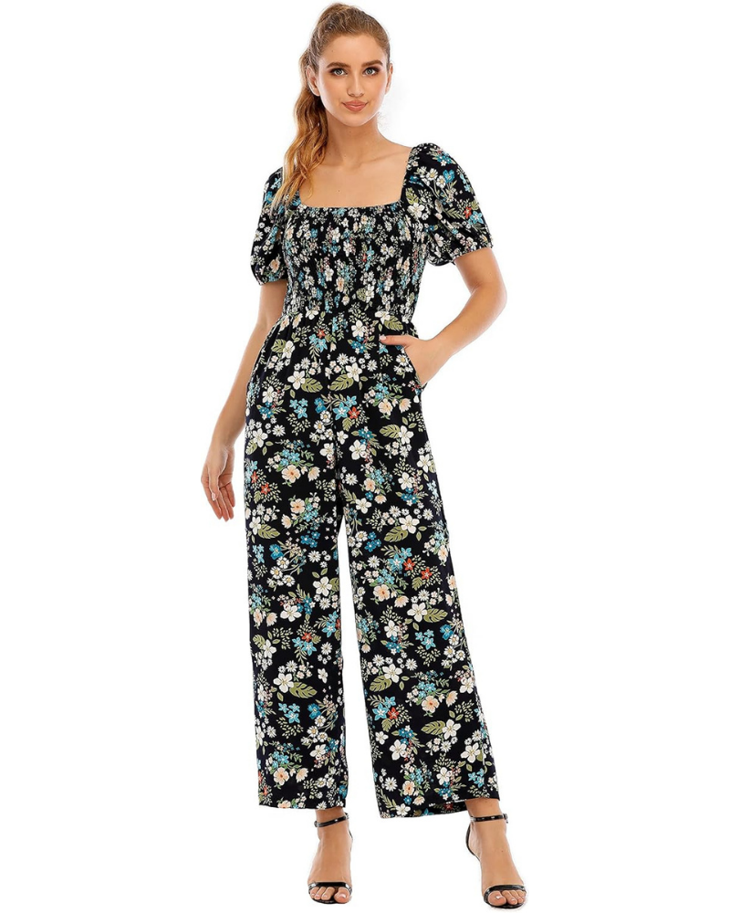 Cressida Tuta Femme Florale – Corsage Smock, Jambe Large et Encolure Carrée