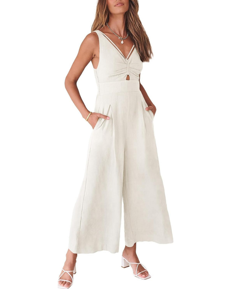Verity Tuta Femme en Lin – Col en V, Découpes et Pantalon à Jambe Large