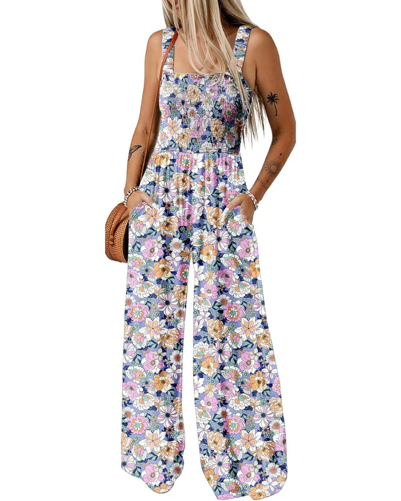 Robe d'été imprimée pour femme – Sans manches, jambes larges avec col carré et poches
