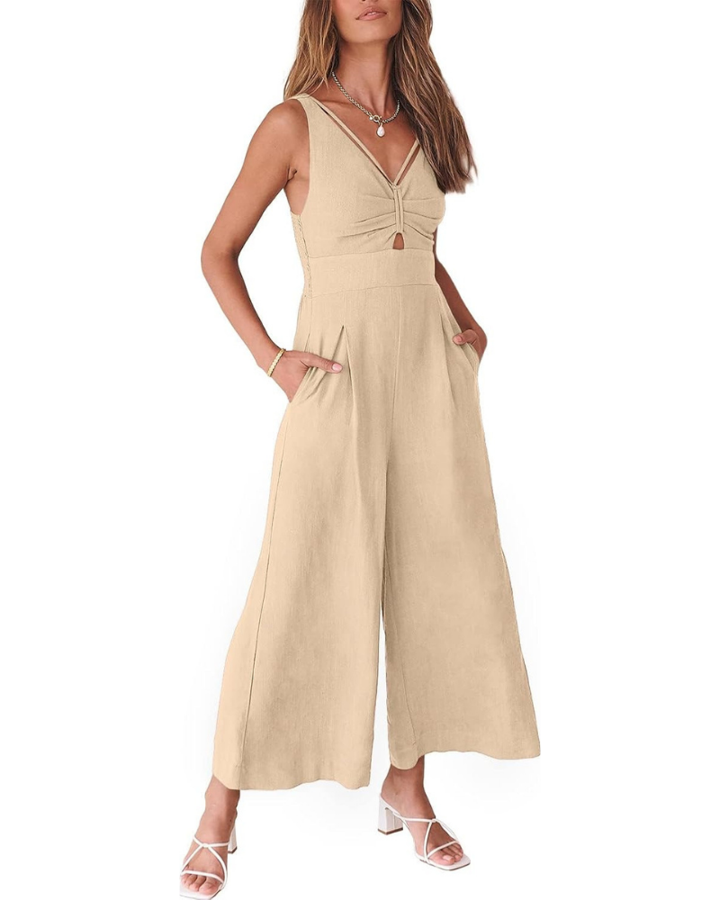 Verity Tuta Femme en Lin – Col en V, Découpes et Pantalon à Jambe Large