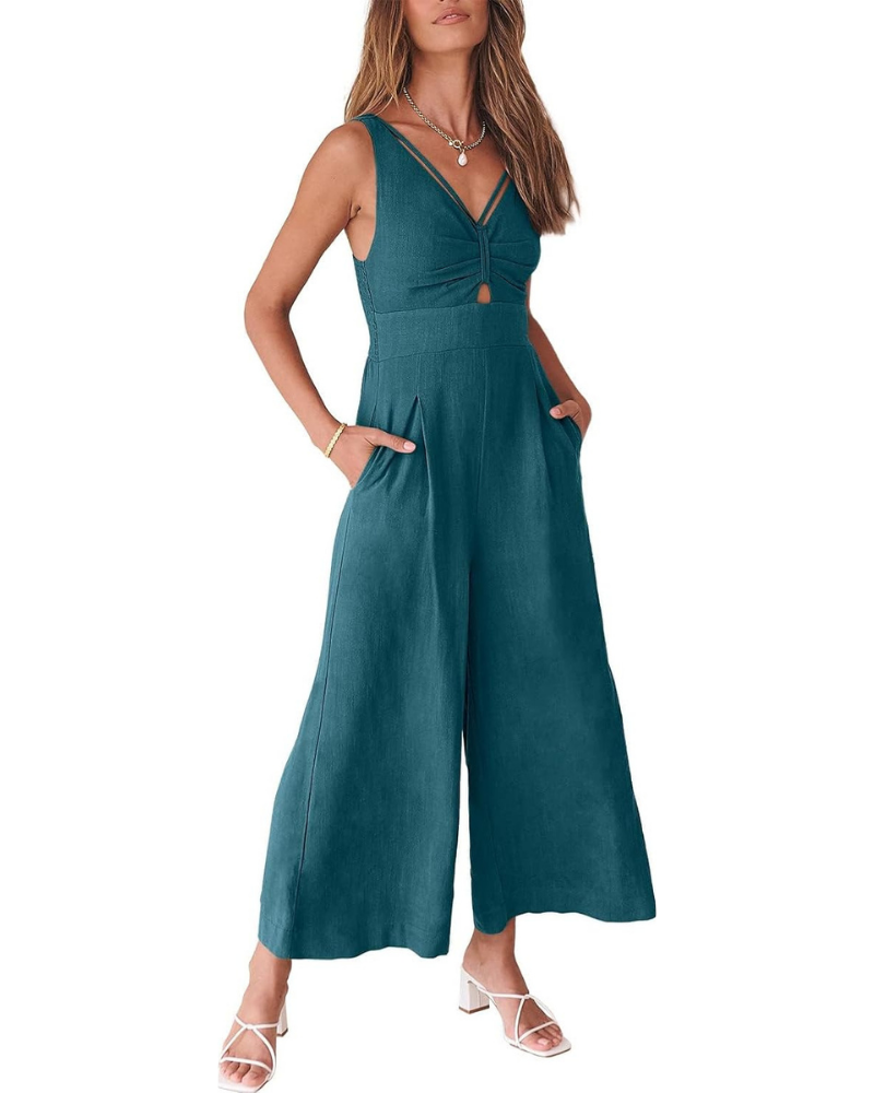 Verity Tuta Femme en Lin – Col en V, Découpes et Pantalon à Jambe Large