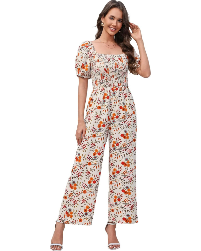 Cressida Tuta Femme Florale – Corsage Smock, Jambe Large et Encolure Carrée
