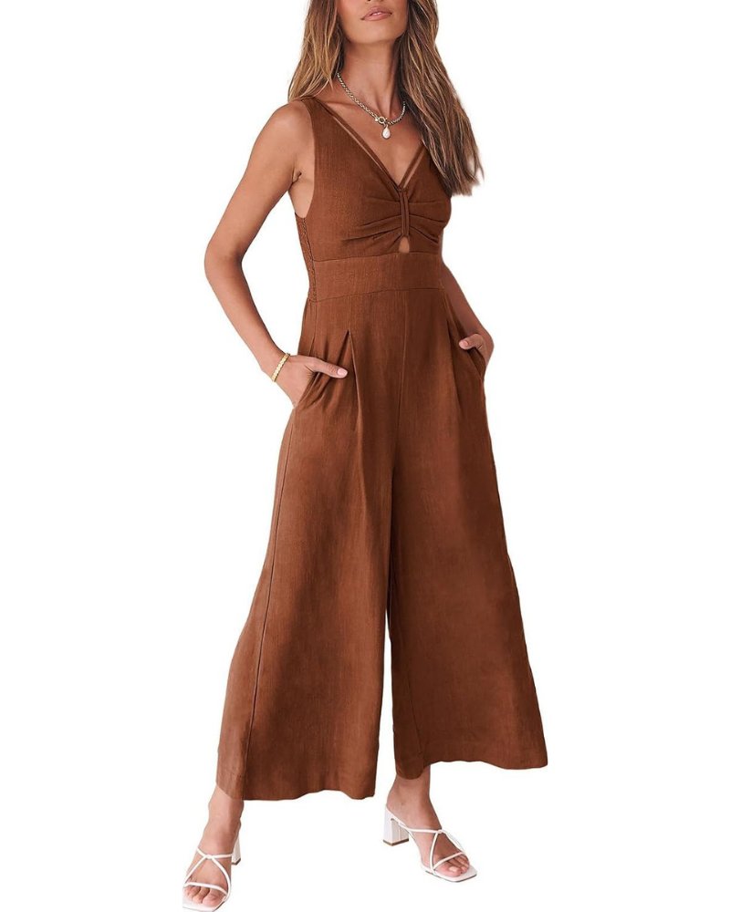 Verity Tuta Femme en Lin – Col en V, Découpes et Pantalon à Jambe Large