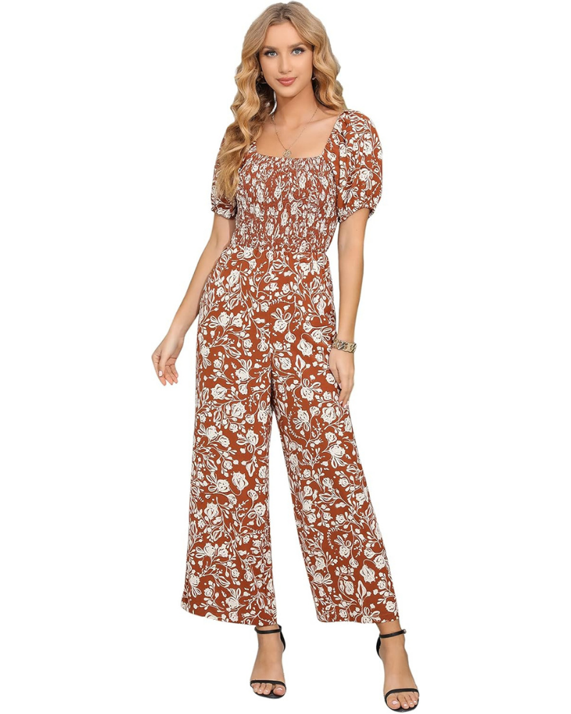 Cressida Tuta Femme Florale – Corsage Smock, Jambe Large et Encolure Carrée