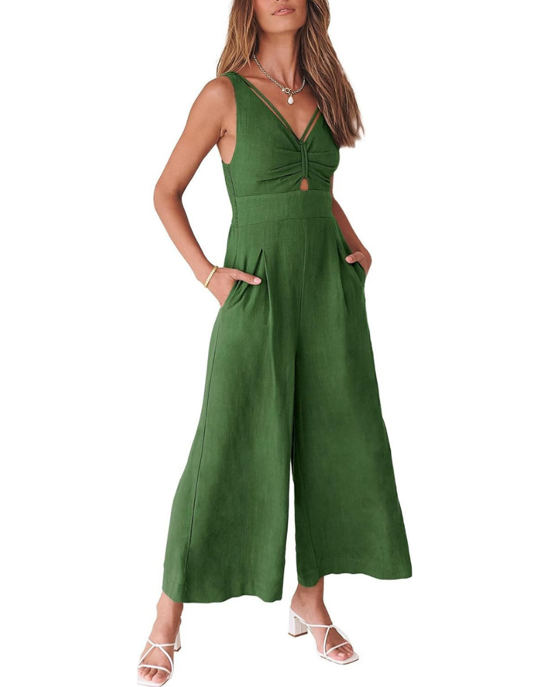Verity Tuta Femme en Lin – Col en V, Découpes et Pantalon à Jambe Large