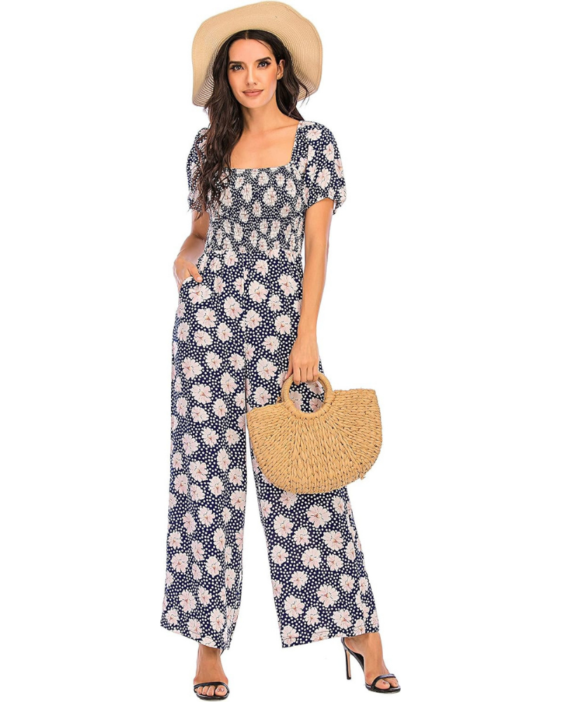 Cressida Tuta Femme Florale – Corsage Smock, Jambe Large et Encolure Carrée