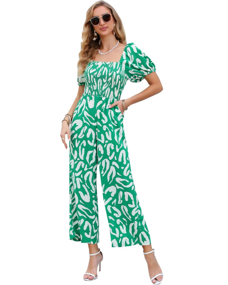 Cressida Tuta Femme Florale – Corsage Smock, Jambe Large et Encolure Carrée