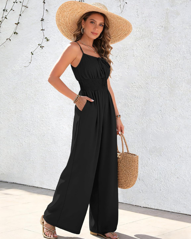 Elowen Tuta Femme à Jambe Large – Encolure Carrée, Taille Smockée et Poches