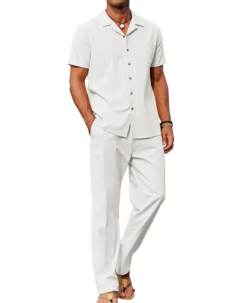Dawson Set Uomo in Lino 2 Pezzi – Camicia Cubana e Pantaloni Larghi con Coulisse