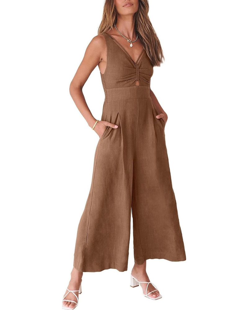 Verity Tuta Femme en Lin – Col en V, Découpes et Pantalon à Jambe Large