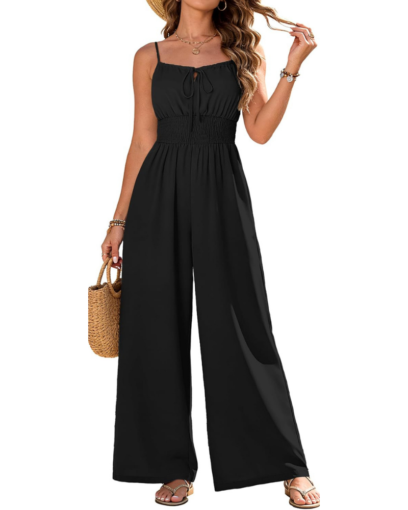 Elowen Tuta Femme à Jambe Large – Encolure Carrée, Taille Smockée et Poches