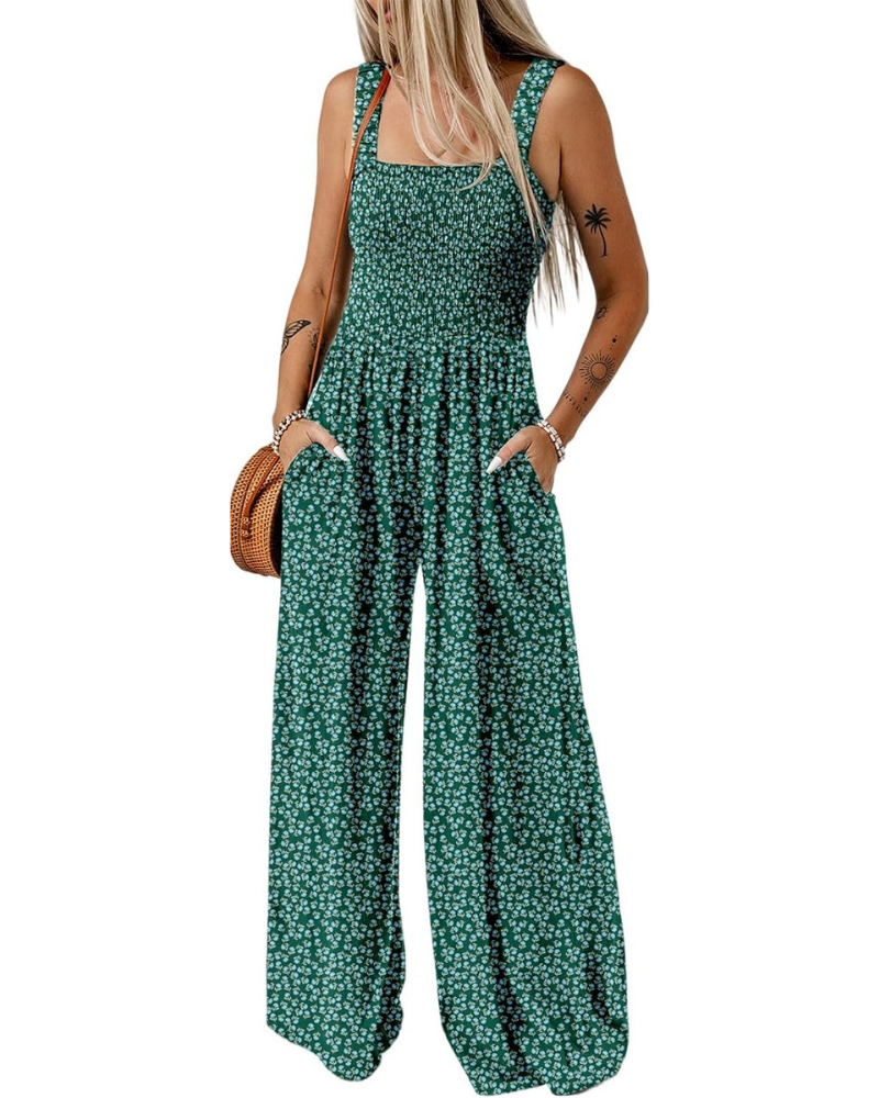 Robe d'été imprimée pour femme – Sans manches, jambes larges avec col carré et poches