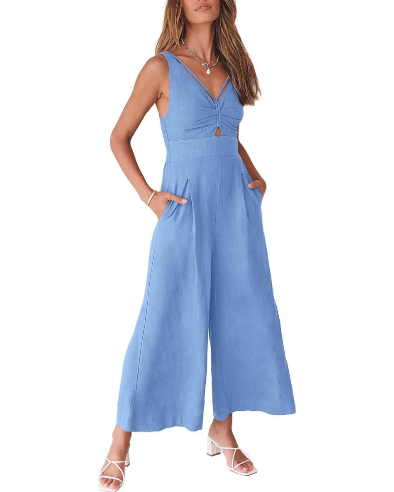 Verity Tuta Femme en Lin – Col en V, Découpes et Pantalon à Jambe Large
