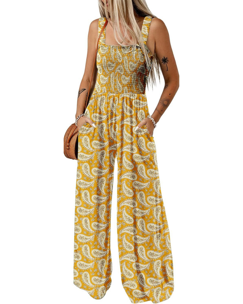 Robe d'été imprimée pour femme – Sans manches, jambes larges avec col carré et poches