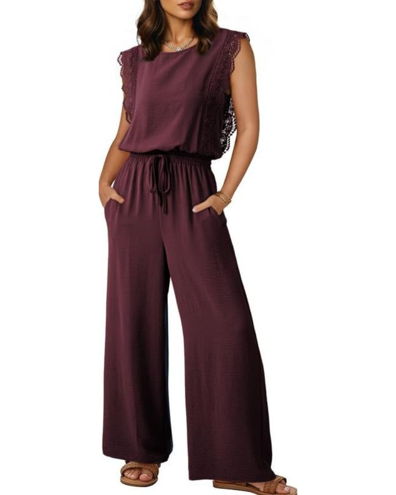 Combinaison Femme Élégante Maren – Dentelle, Taille à Cordon et Jambe Large avec Poches
