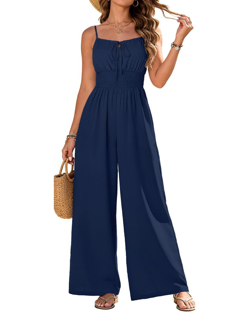 Elowen Tuta Femme à Jambe Large – Encolure Carrée, Taille Smockée et Poches