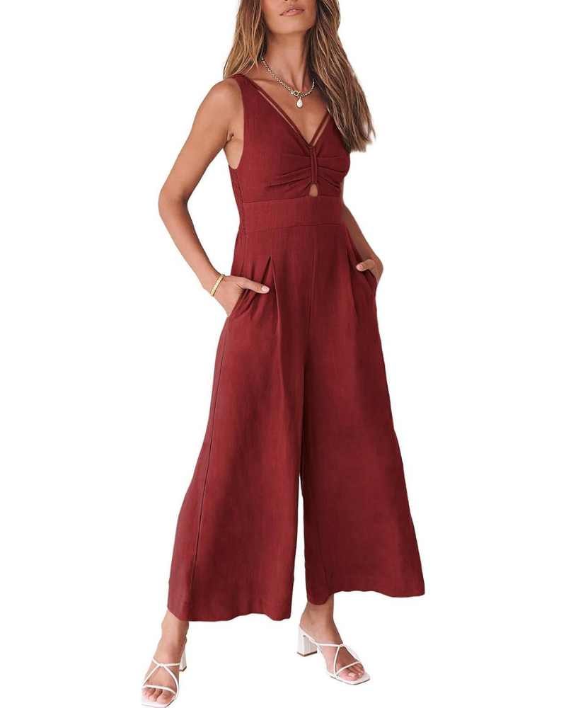 Verity Tuta Femme en Lin – Col en V, Découpes et Pantalon à Jambe Large