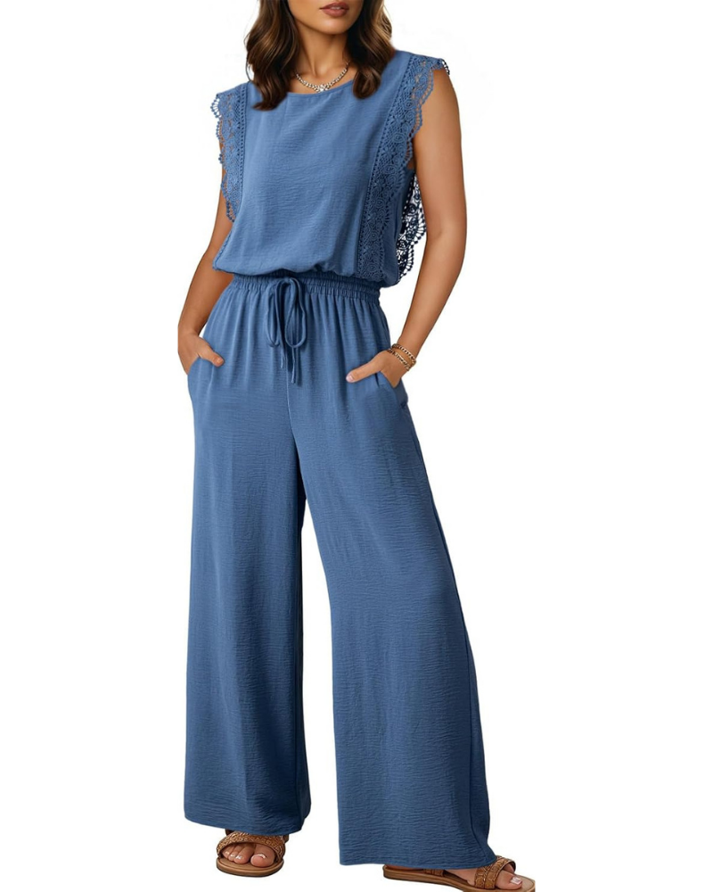 Combinaison Femme Élégante Maren – Dentelle, Taille à Cordon et Jambe Large avec Poches