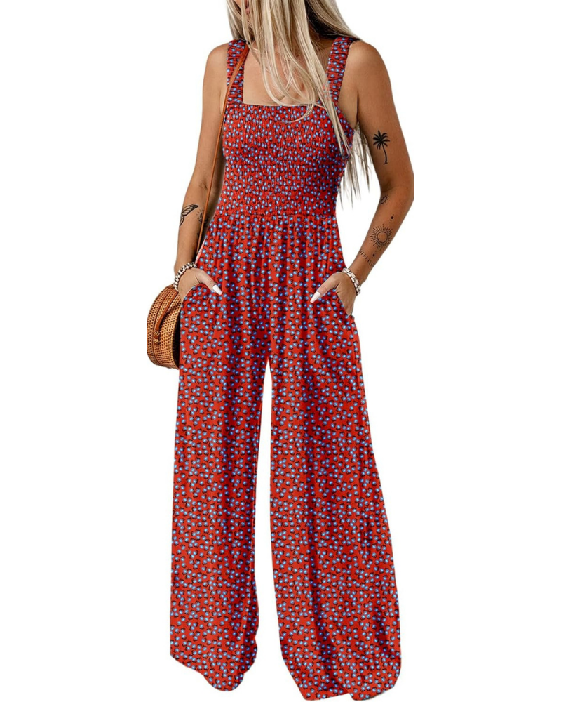 Robe d'été imprimée pour femme – Sans manches, jambes larges avec col carré et poches