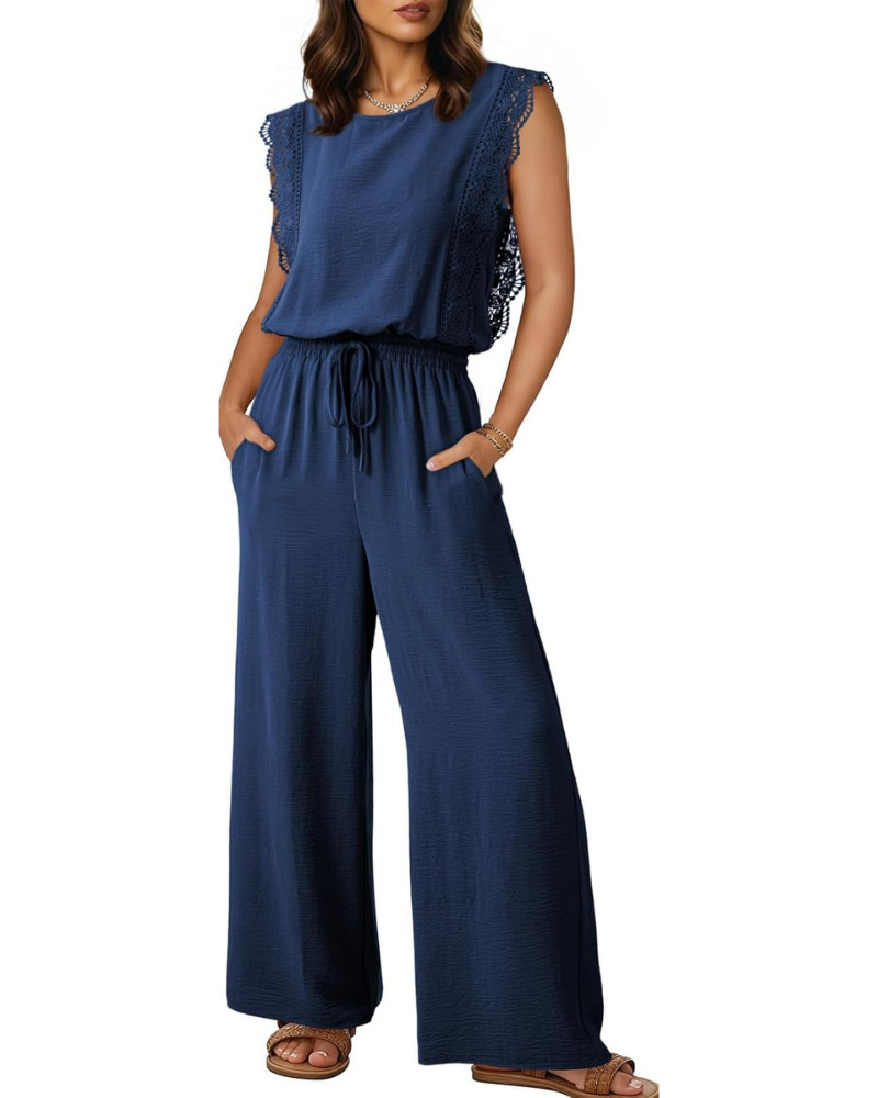 Combinaison Femme Élégante Maren – Dentelle, Taille à Cordon et Jambe Large avec Poches