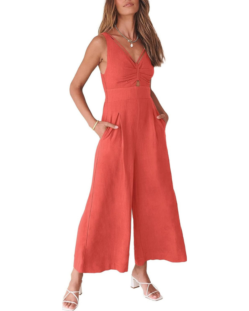 Verity Tuta Femme en Lin – Col en V, Découpes et Pantalon à Jambe Large